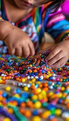 Native American Child Creating Beadwork at Craft Station for Native Americans Day Celebration