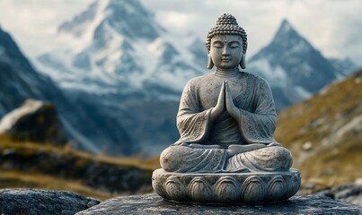 Ancient stone statue of Buddha on Tibet mountains background. Buddhism religion and historical sculpture concept. Landscape view for wallpaper, banner, poster with copy space