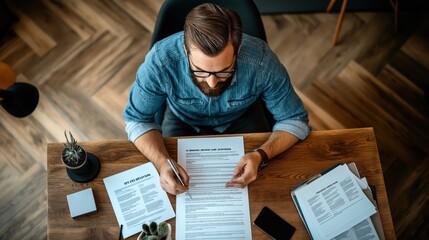 Naklejka premium Man in casual denim shirt writing on documents at wooden desk with plants and smartphone, viewed from above in office setting