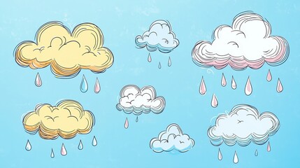 A Whimsical Representation of Clouds and Rain in a Blue Sky