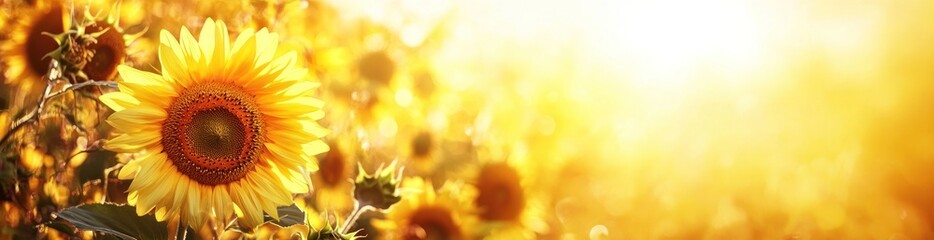 Fototapeta premium A vibrant sunflower in a golden field, illuminated by warm sunlight.