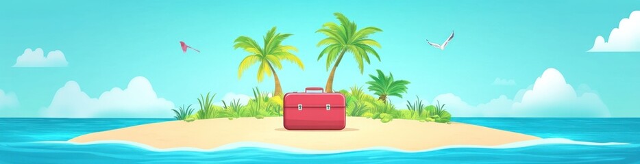 A tropical island scene featuring a suitcase surrounded by palm trees and ocean waves.