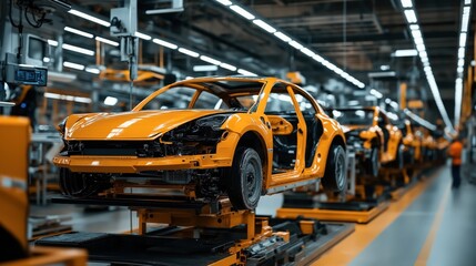 Naklejka premium Automobile assembly line in a factory with unfinished yellow cars on production platforms under industrial lighting