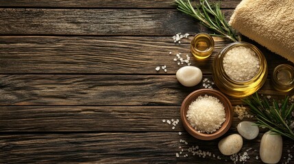 Essential oils, massage stones, and sea salt arranged on a wooden spa table, capturing the essence of pampering and relaxation in a serene setting