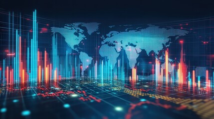 Global markets overview with dynamic financial data overlaying a detailed world map background, highlighting key economic regions