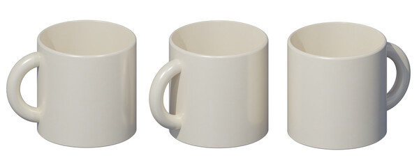 White ceramic mug without print in three angles. 3D render without background.