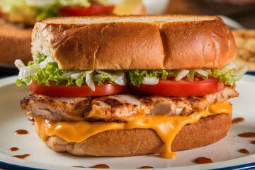 Delicious grilled chicken sandwich with fresh lettuce, tomato, and melted cheese on a plate.
