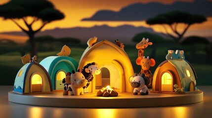 A whimsical scene with animal figurines around colorful houses and a campfire at sunset.