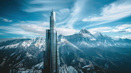 Modern Architecture against Dramatic Mountains, Skyscraper Contrast, Natural Environment, Perspective Emphasis, Scale, Vast Landscape, Breathtaking Widescreen Wallpaper, Contemporary Design Essence