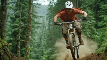 A mountain biker jumps through a forest trail, showcasing skill and speed in a dynamic, adventurous outdoor setting.