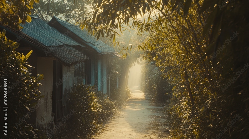 Sticker A serene pathway lined with houses and lush greenery, illuminated by soft morning light.