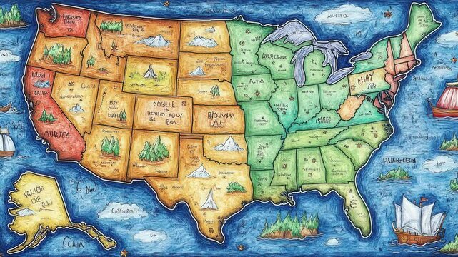 Explore a beautifully illustrated map of the United States featuring artistic highlights of each state and its iconic landmarks. seamless looping 4K time-lapse virtual video animation background