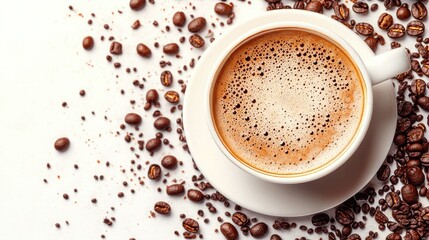 Fototapeta premium Scattered Coffee Beans Around a Coffee Cup