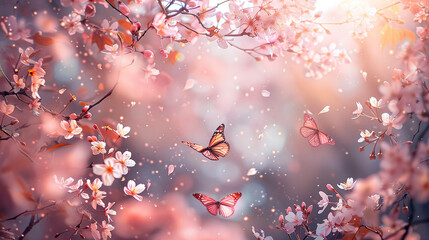 Enchanting Sakura Garden in Full Bloom, Butterflies in Delicate Flight, Sunlight Filtering Through Leafy Canopies, a Portal to a Serene and Enigmatic Realm