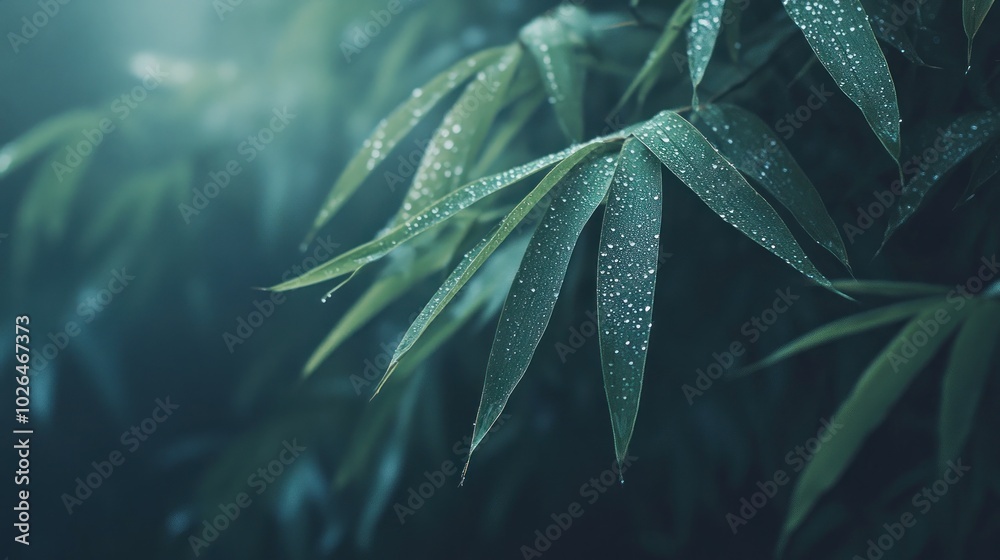 Wall mural Close-up of bamboo leaves with droplets, creating a serene, natural atmosphere.