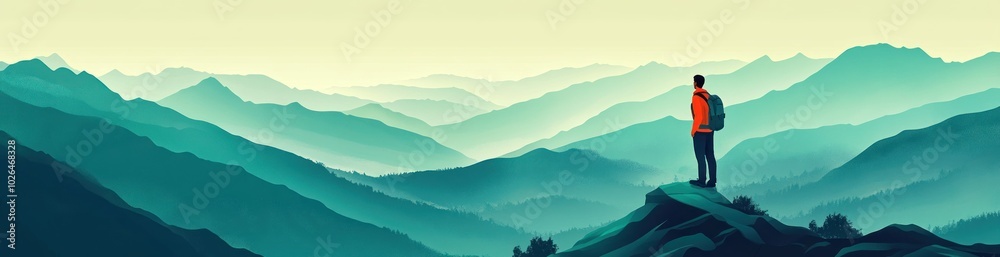 Canvas Prints A lone figure stands on a mountain peak, gazing at distant, layered blue-green hills.