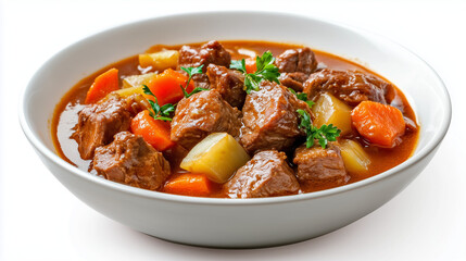 Classic beef stew with potatoes and carrots in white bowl