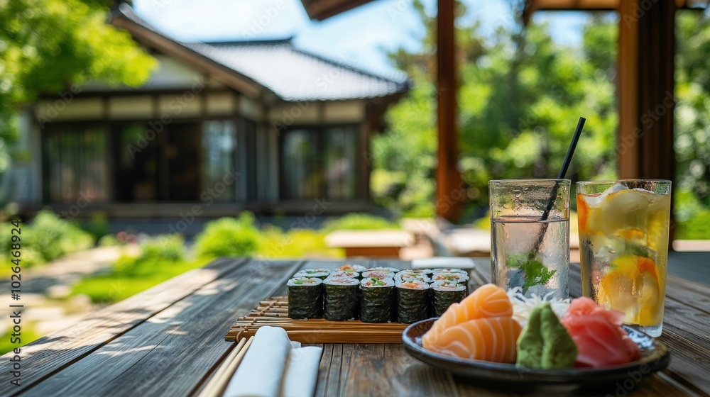 Sticker A serene outdoor dining setup featuring sushi and drinks in a lush garden.