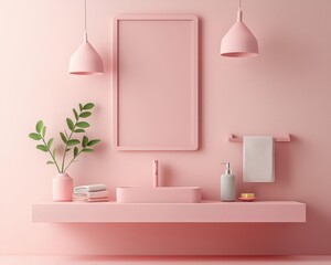 Minimalist kids bathroom with a pastel color palette, childfriendly fixtures, and builtin storage,...