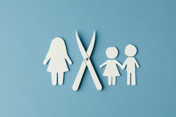 A cut out of a family on paper with a pair of scissors, simple design