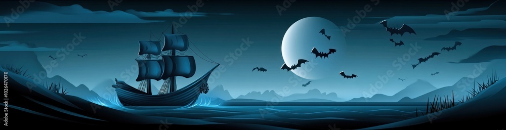 Poster A dark, serene landscape featuring a ship, moon, and bats against a twilight backdrop.