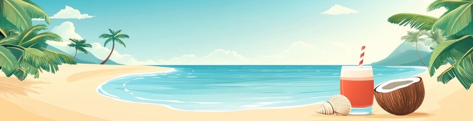 Obraz premium A serene beach scene with a tropical drink and coconut, evoking relaxation and leisure.