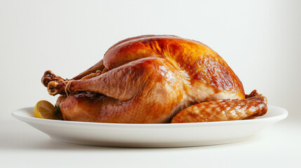 Golden roasted turkey on white plate with minimal decor