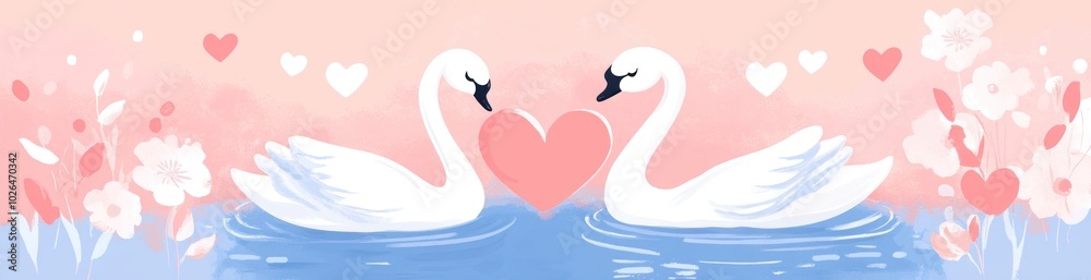 Canvas Prints Two swans forming a heart shape surrounded by flowers and hearts in a serene setting.