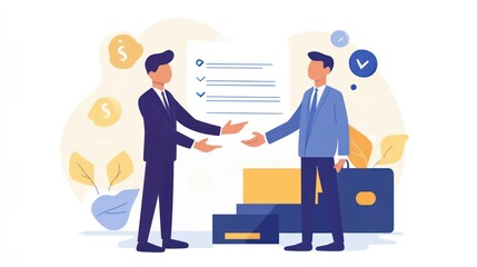 Obraz premium Two businessmen shaking hands in front of a checklist and stacks of money.