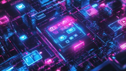 Obraz premium A vibrant digital circuit board with glowing icons and connections, symbolizing technology.
