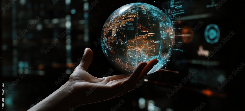 Canvas Prints A hand holds a holographic globe, symbolizing technology and global connectivity.