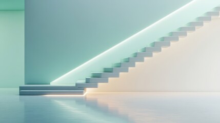 Obraz premium Side view of a minimal modern stairway with white and green tones under soft lighting, showcasing sleek architectural design.