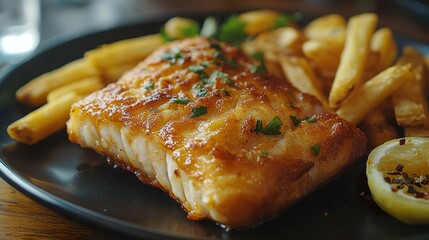 Golden Battered Fish and Crispy Fries on a Dark Plate