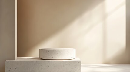 Minimalist beige display pedestal in soft light