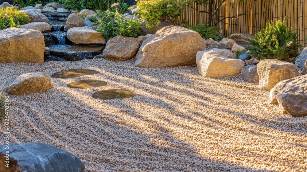 Wall mural A serene Japanese rock garden with pebbles, stones, and a gentle water feature.