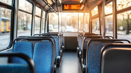 Fototapeta premium Sleek bus interior with empty seats, reflecting a modern, comfortable design ideal for urban public transportation and commuting.