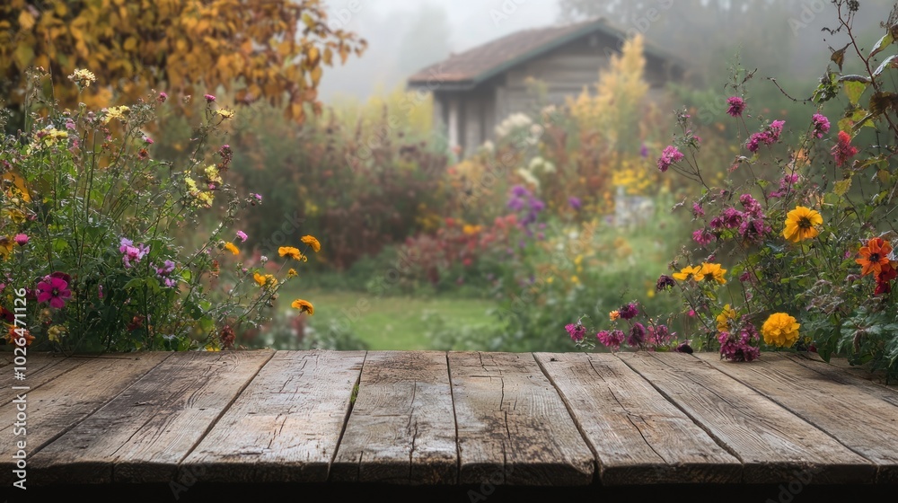 Poster A tranquil garden scene with vibrant flowers and a rustic wooden table in the foreground.