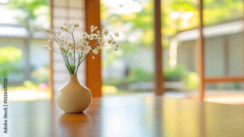 Wall mural A minimalist vase with flowers on a wooden table in a serene indoor setting.