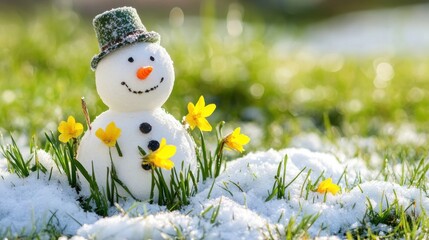 Obraz premium Snowman in a grassy meadow with spring flowers growing through the melting snow, embodying the transition from winter to spring.