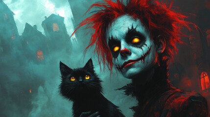 Portrait of Halloween character with cat
