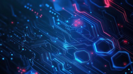 Obraz premium Abstract digital background with glowing blue and red circuit board lines and hexagons on a dark background.