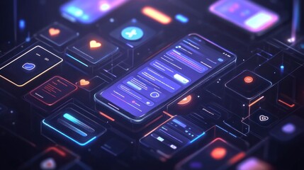 A futuristic smartphone surrounded by glowing app icons and interfaces.