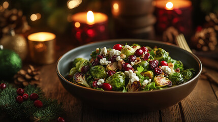 Brussels sprouts winter salad with cranberries and feta at Christmas dinner