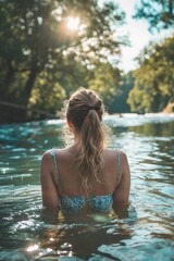 Fototapeta premium A person swimming in a river, wearing a blue bikini