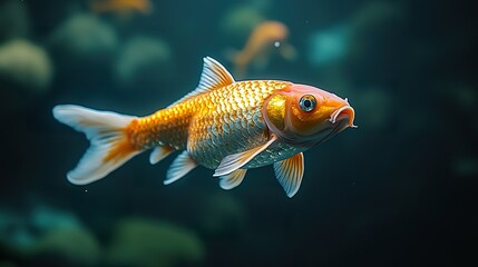 Fototapeta premium Golden Koi Fish Swimming in Black Water