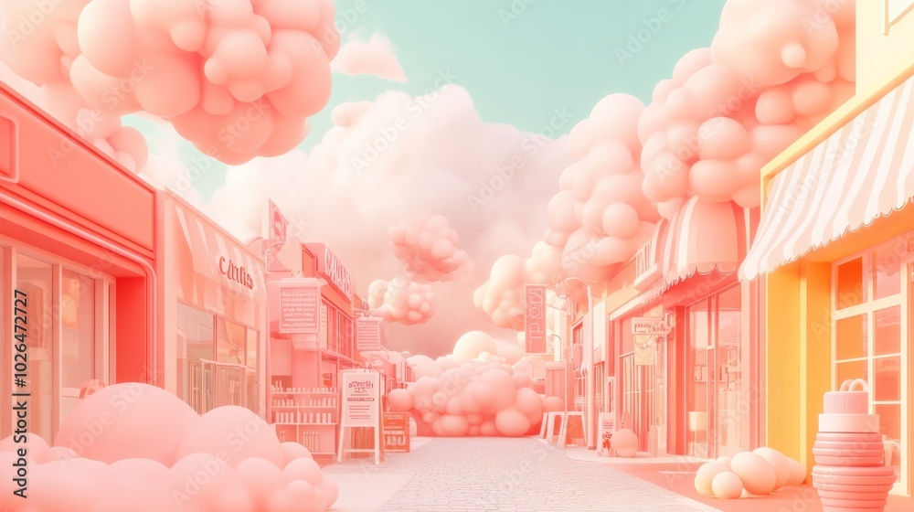 Poster A whimsical pastel street scene filled with fluffy clouds and colorful buildings.