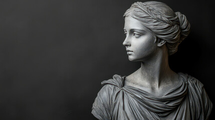 Elegant Greek Statue Woman Bust on Black Background, Antique Roman Sculpture, Classical Art Concept