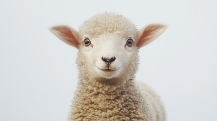 Fototapeta premium Very cute baby sheep with light brown wool, standing on a white studio background, creating a soft and heartwarming portrait. -