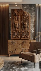 Stylish wooden carved cabinet with ancient sculptures in a minimalist modern living room design