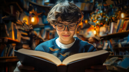 Teen Immersed in Reading Book in Cozy Library, Concept of Learning and Exploration, Knowledge and Education Background with Flying Books